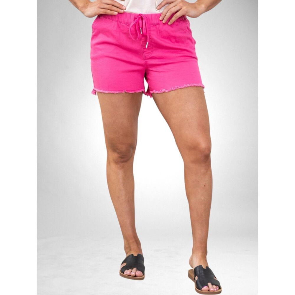 YMI Pink Denim Short Pull On Drawstring Frayed Hem High Rise Stretch Summer Plus - Picture 7 of 15